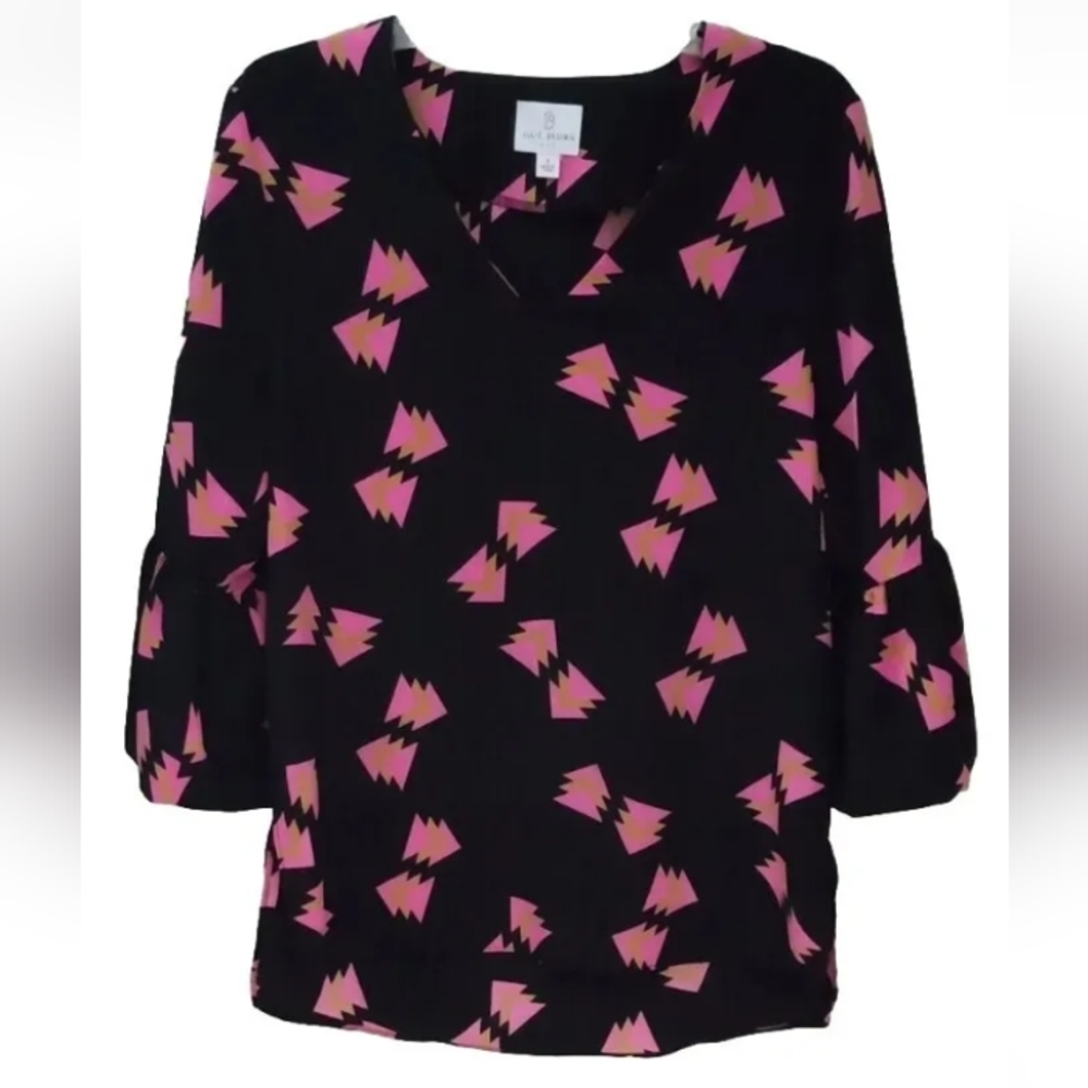 Julie Brown NYC Womens 3/4 Flutter Sleeve Hi Lo Tunic Top Black Pink Size 6